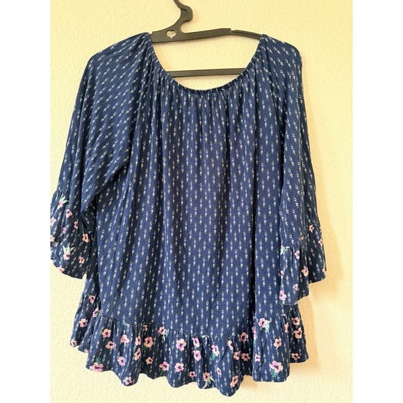 Style & Co Blue Floral Peasant Blouse PXL 3/4 Sleeve Boho Stretch Top - Picture 3 of 14
